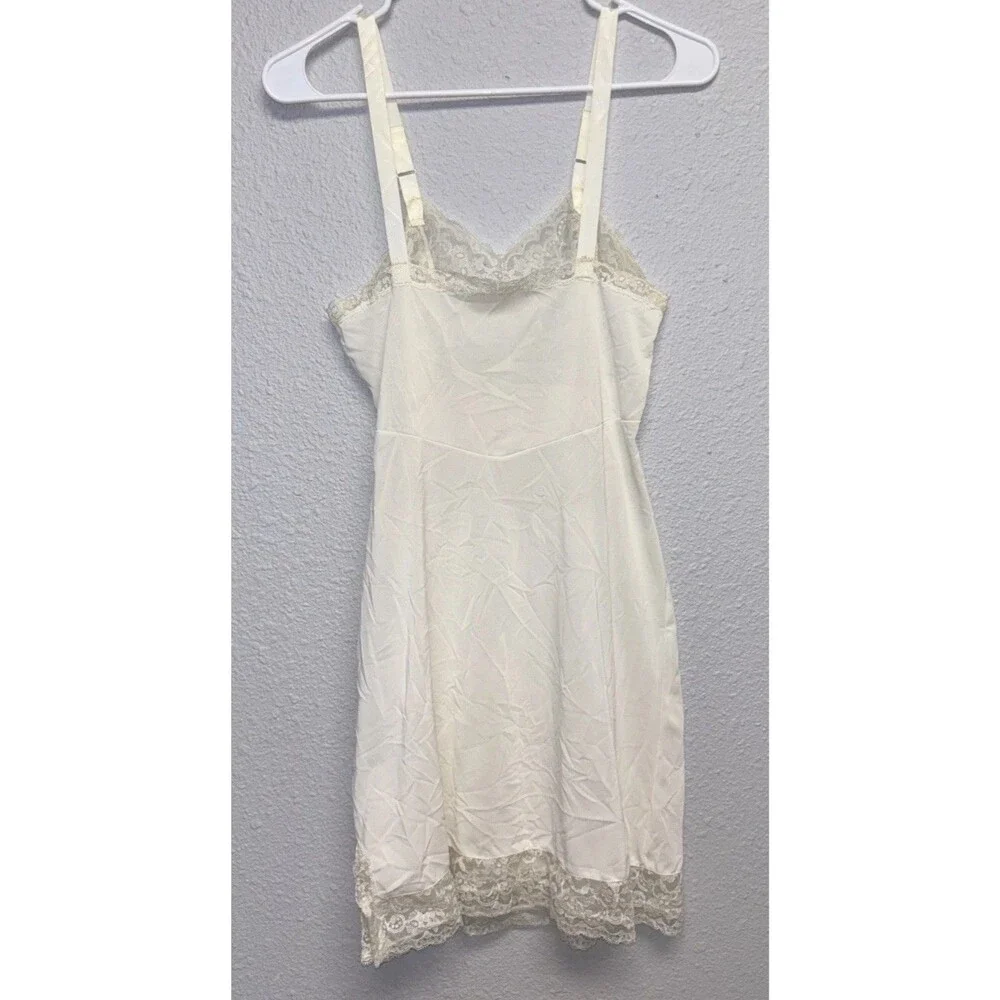 Vintage VTG Ivory Lace Scallop Slip Dress Nightgown 30 Small Adjust Straps Slit - Picture 6 of 8